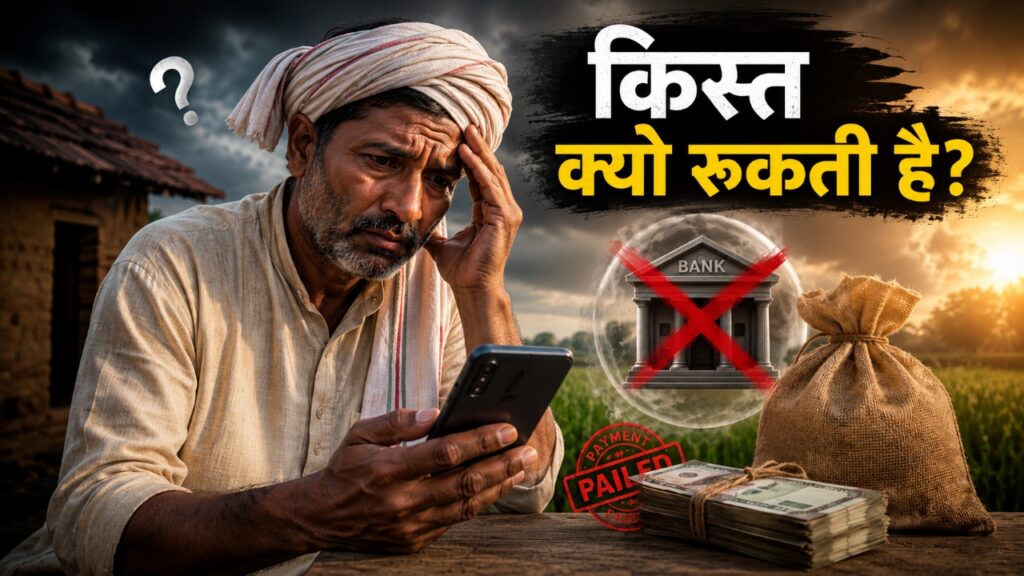 मोबाइल में PM Kisan की जानकारी देखते हुए चिंतित किसान, पीछे गांव और खेत का दृश्य, बैंक भुगतान रुकने का संकेत, पैसे की बोरी और नोटों का बंडल, किस्त न आने की समस्या को दर्शाती हुई सस्पेंसफुल तस्वीर।
