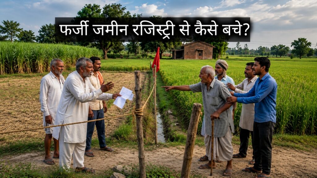 गांव के खेत में जमीन की सीमा को लेकर विवाद का दृश्य। दोनों पक्ष आमने-सामने खड़े हैं, एक व्यक्ति दस्तावेज दिखा रहा है जबकि दूसरा गुस्से में इशारा कर रहा है। खेतों के बीच बंधी रस्सी और लाल झंडा जमीन के बंटवारे को दर्शाते हैं। ऊपर लिखा है – "फर्जी जमीन रजिस्ट्री से कैसे बचे?"