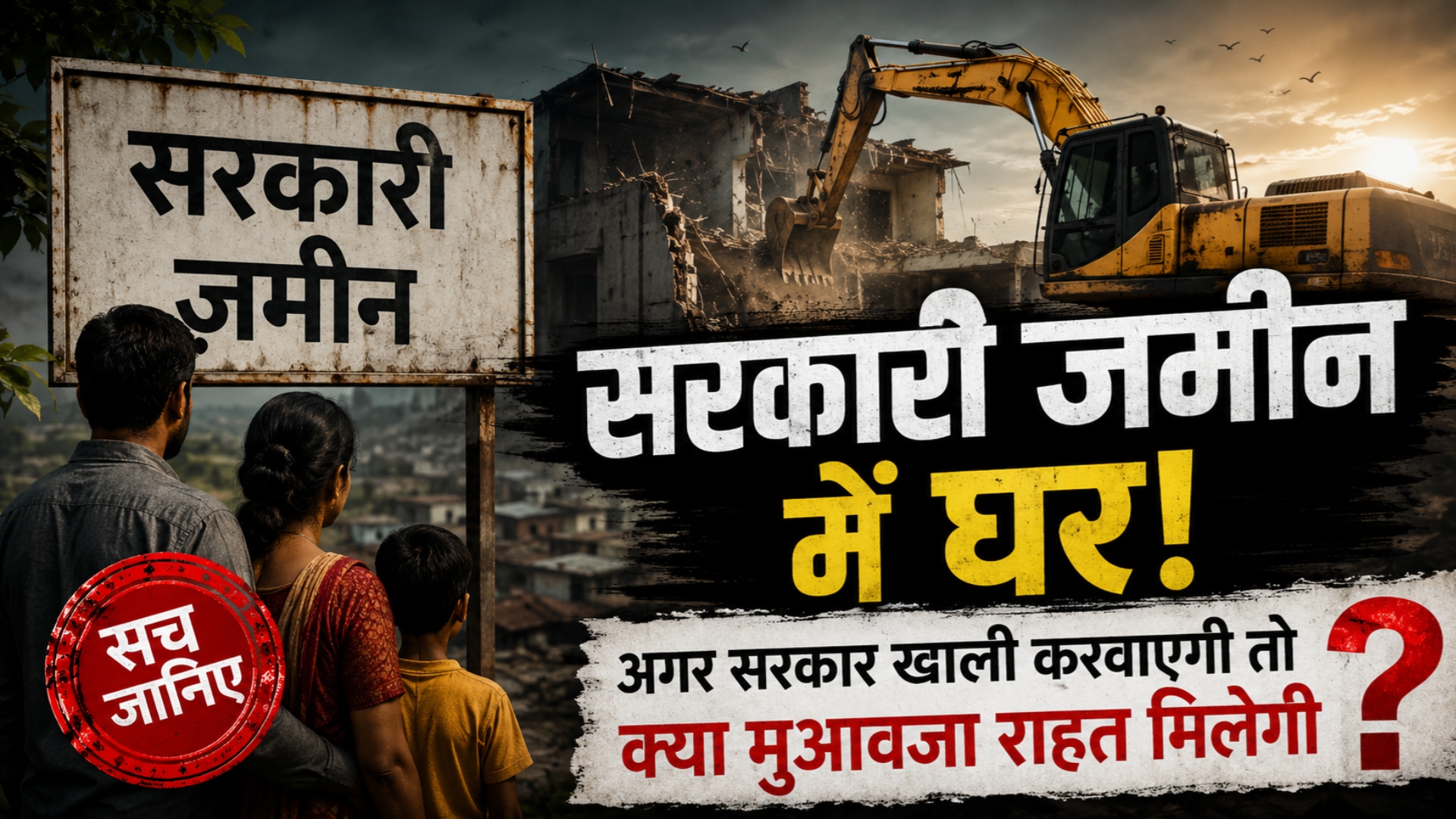 सरकारी जमीन पर बने घर को बुलडोजर से हटाने की कार्रवाई का प्रतीकात्मक दृश्य। एक परिवार चिंतित होकर अपना घर देख रहा है, जबकि पृष्ठभूमि में सरकारी जमीन का बोर्ड और बुलडोजर दिखाई दे रहा है। यह तस्वीर सरकारी जमीन खाली कराने पर मुआवजा या राहत मिलने से जुड़े विषय को दर्शाती है।