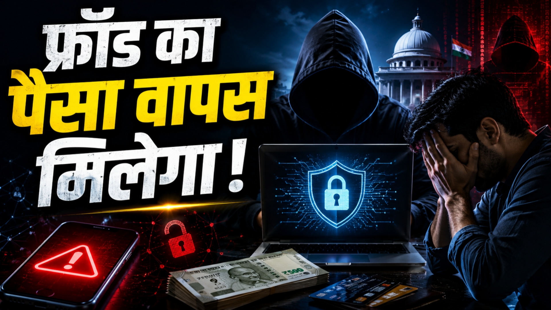 साइबर ठगी से परेशान व्यक्ति, पीछे हुडी पहने हैकर, लैपटॉप पर डिजिटल सिक्योरिटी लॉक, मोबाइल पर फ्रॉड अलर्ट और सामने रखे रुपये। ऑनलाइन फ्रॉड के बाद पैसा वापस मिलने की प्रक्रिया को दर्शाती एक सस्पेंसफुल साइबर क्राइम थीम वाली इमेज।