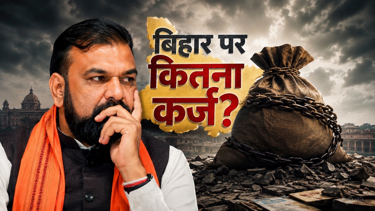 बिहार के नक्शे और कर्ज के प्रतीक के रूप में जंजीरों से बंधी धन की थैली के साथ एक चिंतित नेता की तस्वीर। पृष्ठभूमि में बादलों से घिरा माहौल दिखाया गया है, जिस पर बड़ा टेक्स्ट लिखा है बिहार पर कितना कर्ज?