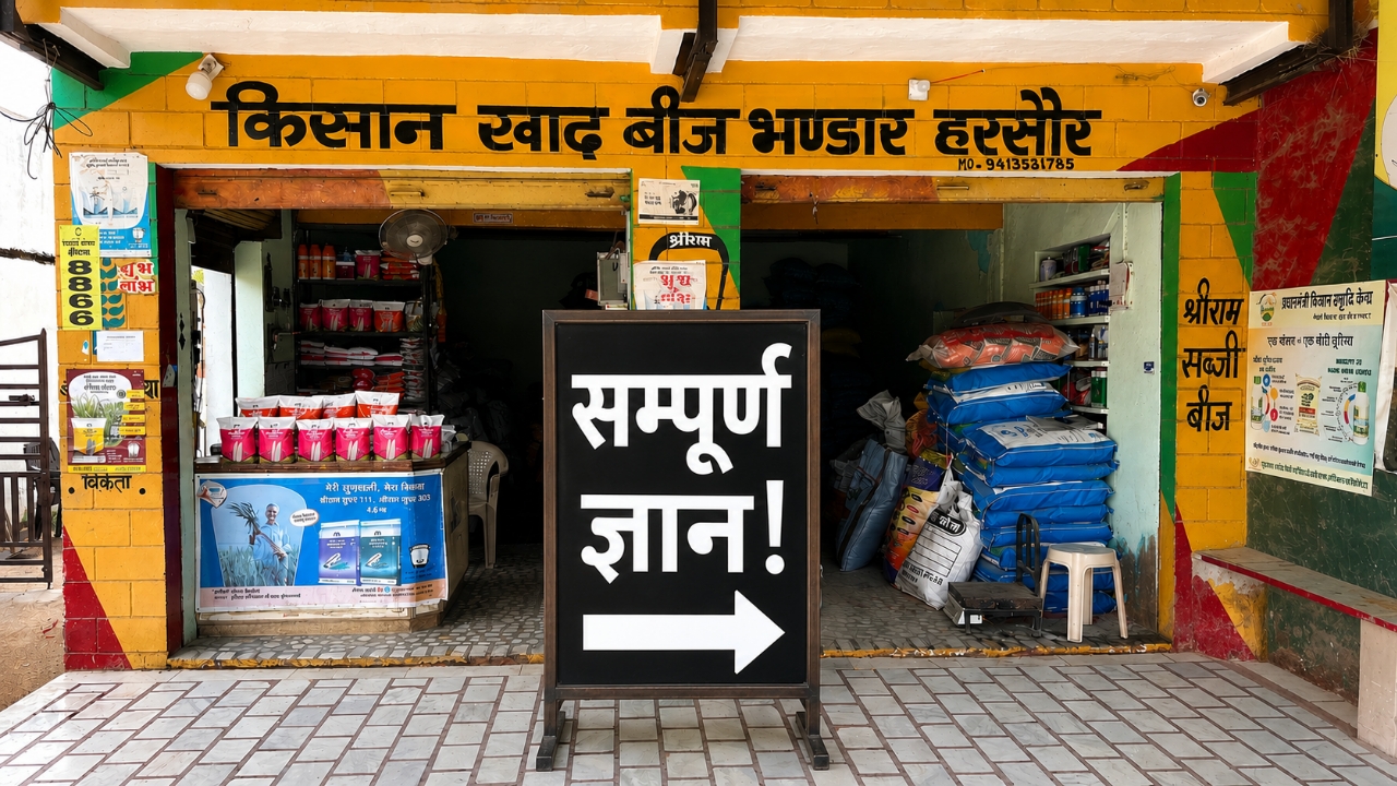 यह तस्वीर किसान खाद बीज भंडार, हरसौर नामक एक दुकान की है। दुकान के सामने एक काला बोर्ड रखा है जिस पर सफेद अक्षरों में सम्पूर्ण ज्ञान! लिखा है और एक तीर का निशान दाईं ओर इशारा कर रहा है।