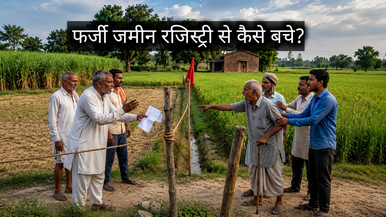 गांव के खेत में जमीन की सीमा को लेकर विवाद का दृश्य। दोनों पक्ष आमने-सामने खड़े हैं, एक व्यक्ति दस्तावेज दिखा रहा है जबकि दूसरा गुस्से में इशारा कर रहा है। खेतों के बीच बंधी रस्सी और लाल झंडा जमीन के बंटवारे को दर्शाते हैं। ऊपर लिखा है – "फर्जी जमीन रजिस्ट्री से कैसे बचे?"