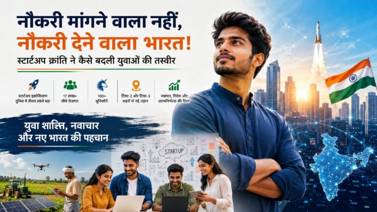 भारतीय स्टार्टअप क्रांति को दर्शाती प्रेरणादायक डिजिटल पोस्टर इमेज, जिसमें एक आत्मविश्वासी युवा भारतीय प्रोफेशनल आधुनिक शहर, भारतीय तिरंगा, रॉकेट लॉन्च और टेक्नोलॉजी बैकग्राउंड के साथ दिखाई दे रहा है। इमेज में स्टार्टअप इंडिया, रोजगार, यूनिकॉर्न कंपनियां, युवाओं का नवाचार, ग्रामीण टेक्नोलॉजी और नए भारत की आर्थिक प्रगति को दर्शाया गया है।