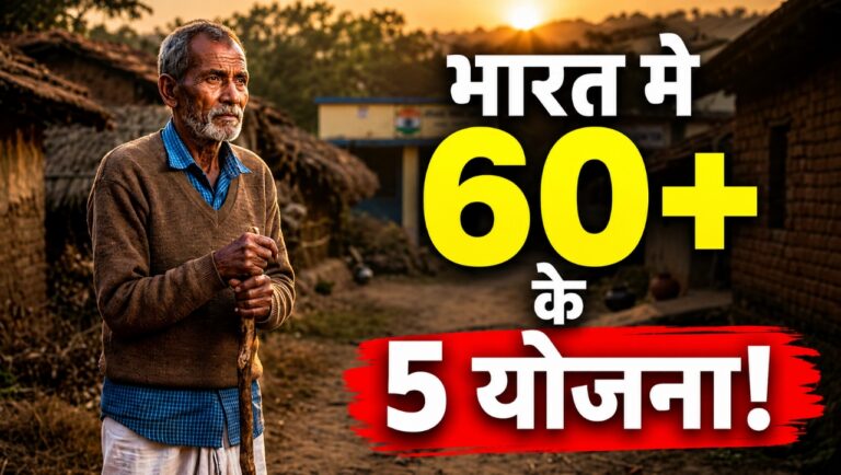 ग्रामीण भारत के एक गांव में एक बुजुर्ग व्यक्ति लाठी के सहारे खड़ा है। पीछे गांव का रास्ता और सरकारी भवन धुंधले दिखाई दे रहे हैं। चित्र पर बड़े अक्षरों में लिखा है – “भारत में 60+ के 5 योजना!”, जो वरिष्ठ नागरिकों के लिए सरकारी योजनाओं की जानकारी को दर्शाता है।