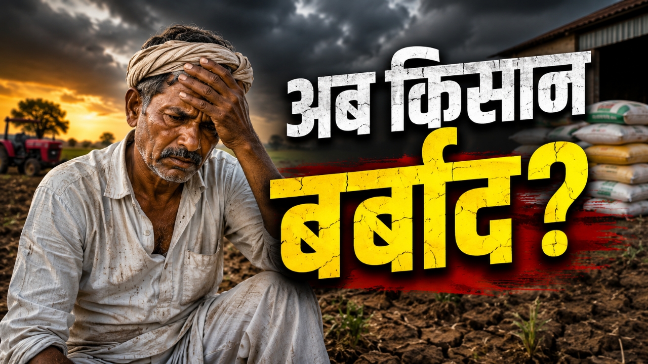 चिंतित किसान खेत में बैठा हुआ है। सामने डीएपी, यूरिया और पोटाश की बोरी, जमीन की रसीद, फार्मर आईडी और ताला-चेन दिखाई दे रहे हैं। पृष्ठभूमि में काले बादल और खेत का दृश्य है। बड़े अक्षरों में लिखा है, "अब किसान बर्बाद?" जो किसानों के सामने खाद खरीद से जुड़ी नई चुनौतियों को दर्शाता है।
