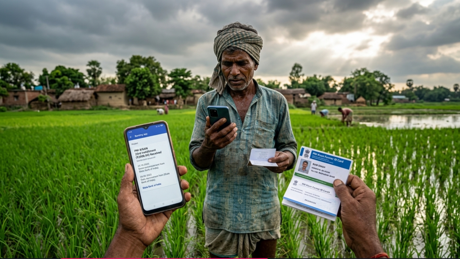 PM Kisan 23वीं किस्त 2026 की जानकारी देखते हुए बिहार का किसान, हाथ में मोबाइल और Farmer ID कार्ड, खेत में खड़ा हुआ।