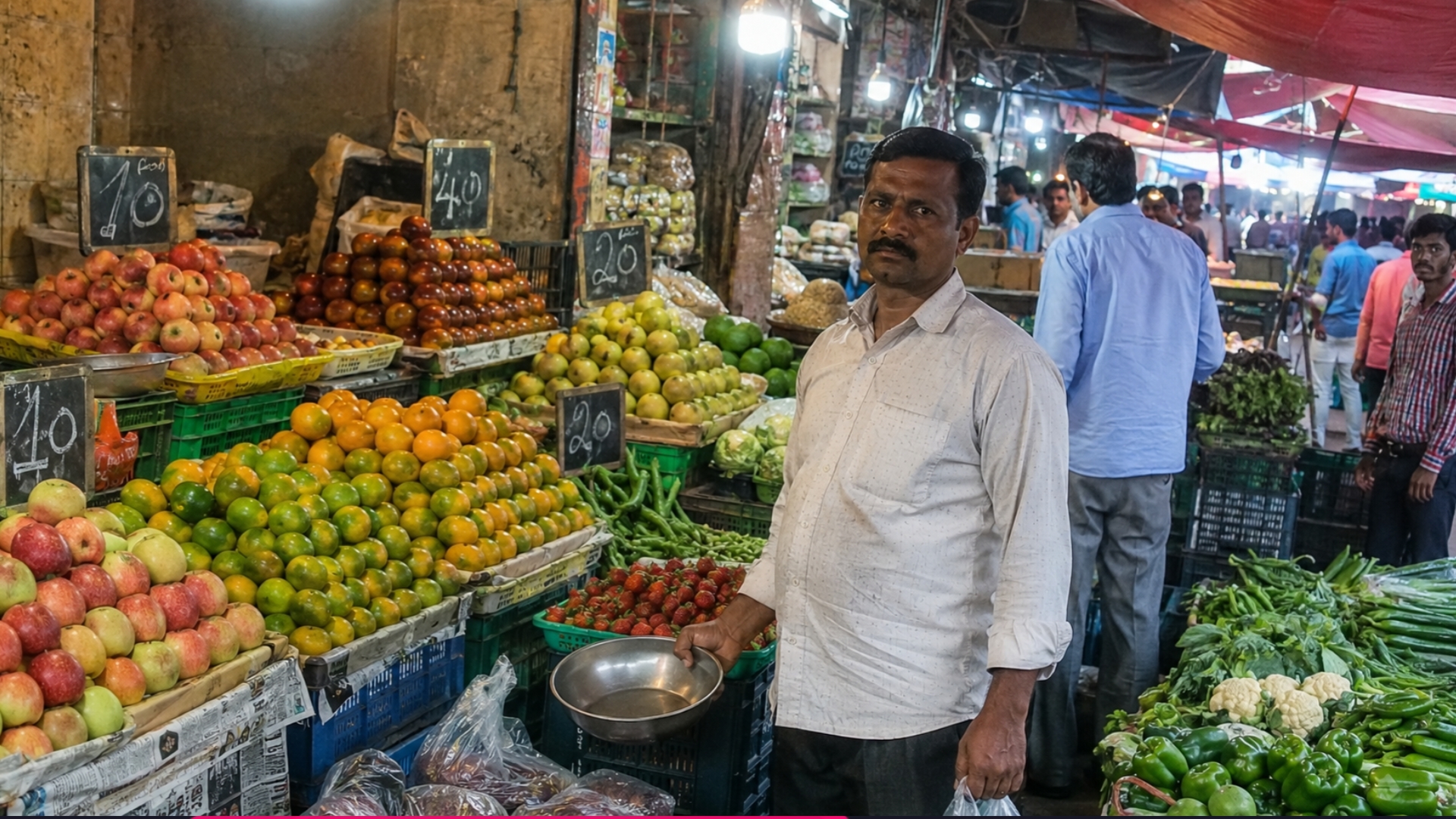 ​A fruit and vegetable vendor standing at his market stall, holding a metal weighing bowl. He is surrounded by large, vibrant displays of stacked citrus fruits, apples, and green vegetables under market lighting, with other shoppers visible in the background.