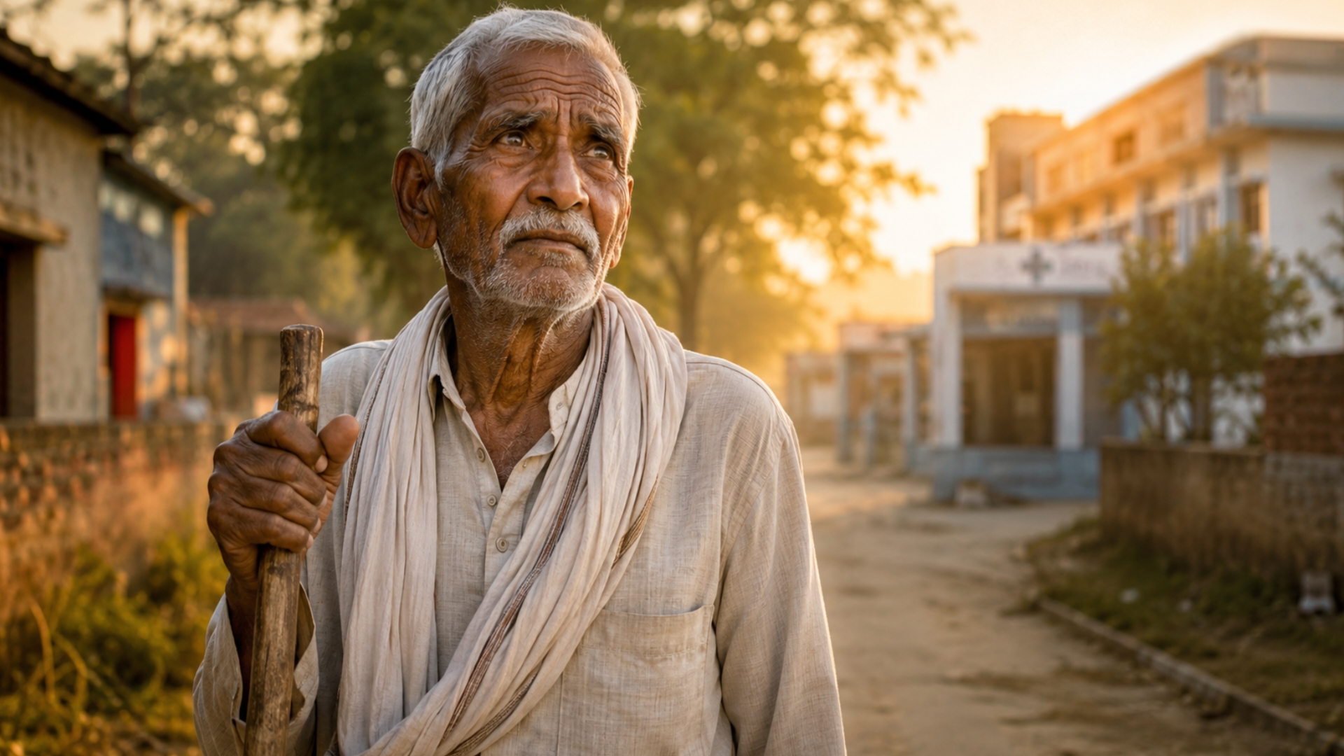 Elderly man standing in a village holding a walking stick, symbolizing Bihar old age pension beneficiaries waiting for monthly pension payment.