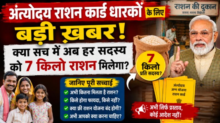 अंत्योदय राशन कार्ड 2026: 7 किलो राशन की पूरी जानकारी अंत्योदय राशन कार्ड 7 किलो राशन अपडेट 2026 की जानकारी दिखाता हुआ प्रतीकात्मक चित्र